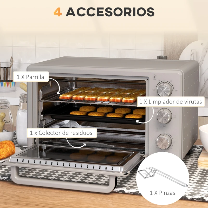 HOMCOM Horno Sobremesa de 21L 1400W Mini Horno Eléctrico Temporizador hasta 60min y Temperatura Regulable hasta 230℃ Plateado