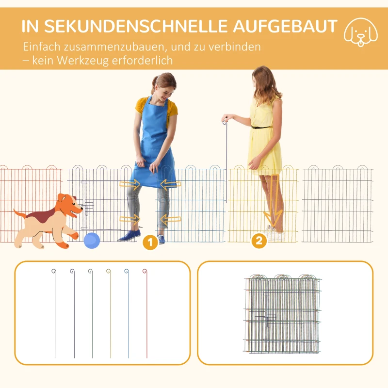 PawHut Freilaufgehege, Welpenauslauf, modulares Design, verriegelbar, Metall, Ø120x60H cm, Bunt