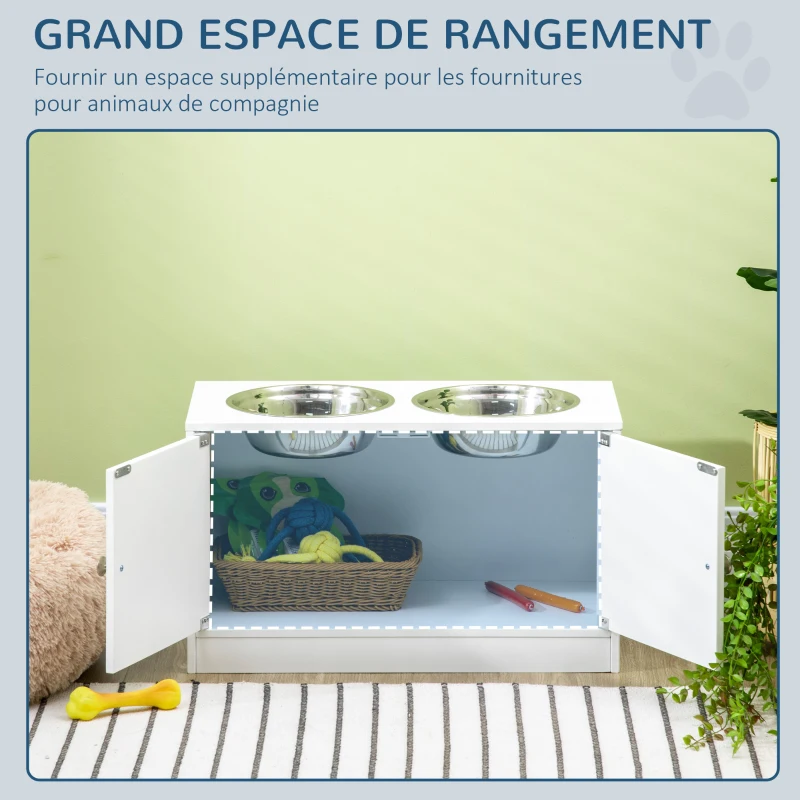 PawHut Gamelles chiens surélevées gamelle double chien chat porte-gamelles 60 x 30 x 35,5 cm 2 gamelles 2L acier inox incluses bois blanc