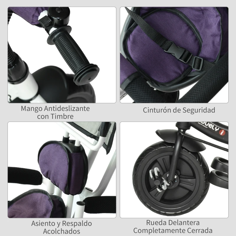 HOMCOM Triciclo Evolutivo para Bebés 6 en 1 Triciclo para Niños de 1-5 Años Bicicleta para Niños con Toldo Plegable Mango Telescópico Desmontable Cinturón de Seguridad y Cesto 95x50x106 cm Morado