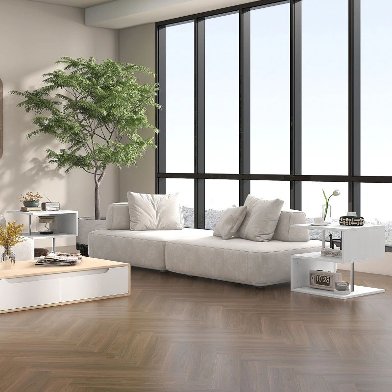 HOMCOM Wooden S Shape Cube Coffee Table 2 Tier Storage Shelves Organiser Office Bookcase Living Room End Desk Stand Display Set of 2 (White)