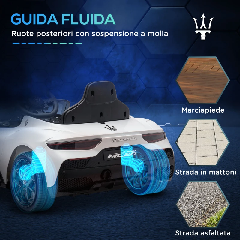 AIYAPLAY Macchina per Bambini Maserati MC20, Guida Manuale, Telecomando e Fari LED, Età 3-6 Anni, Bianco