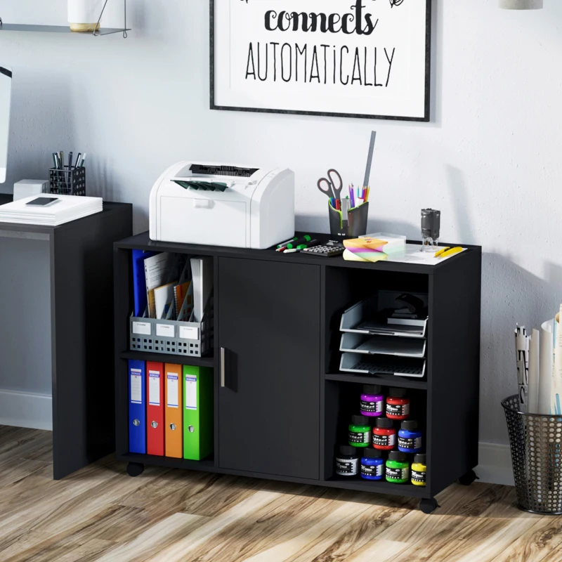 Vinsetto Mobile Office File Cabinet, Lateral Stationery Storage Cabinet, Printer Stand with Wheels, Kitchen Cabinet with Open Shelf and Cupboard, Black
