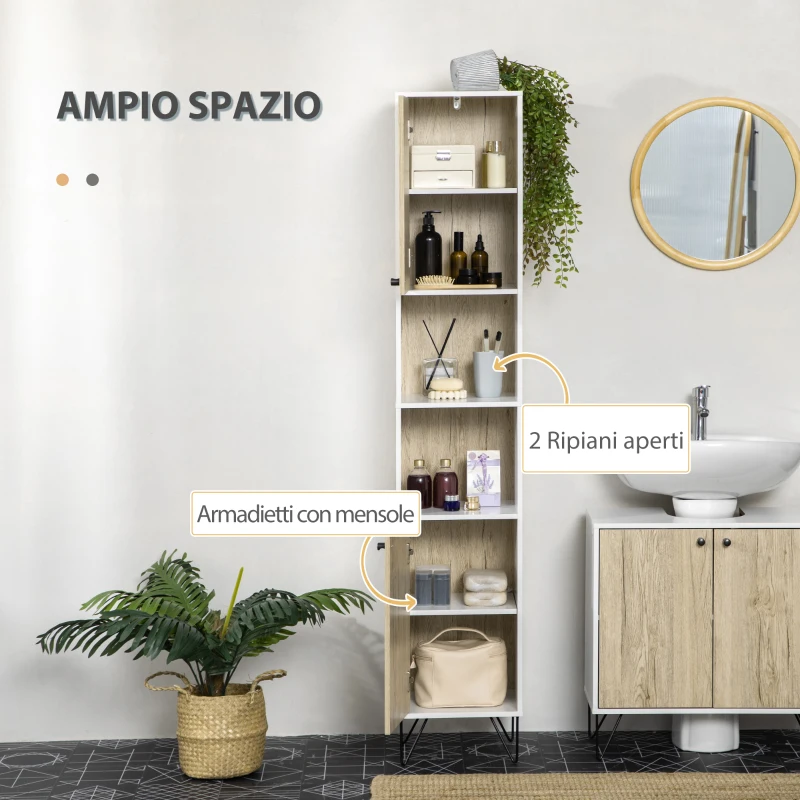 kleankin Colonna Bagno con 2 Ripiani Aperti e 2 Armadietti in Truciolato, 31.5x30x169 cm, Bianco e color Legno