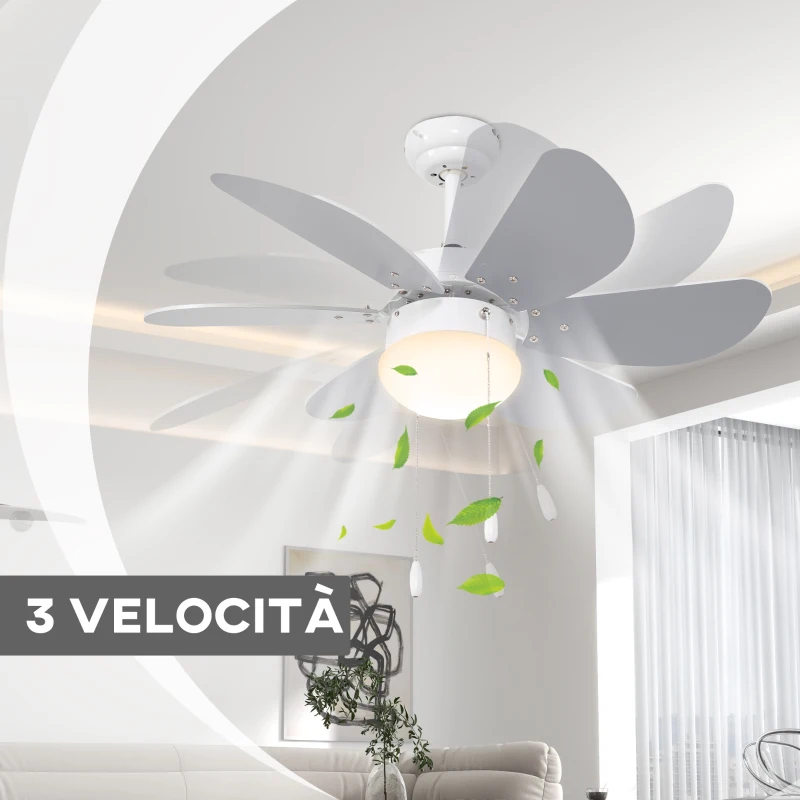 HOMCOM Ventilatore a Soffitto con Luce LED e Interruttore a Catena, in MDF e Acrilico, Ø76x41.5 cm, Grigio e Bianco