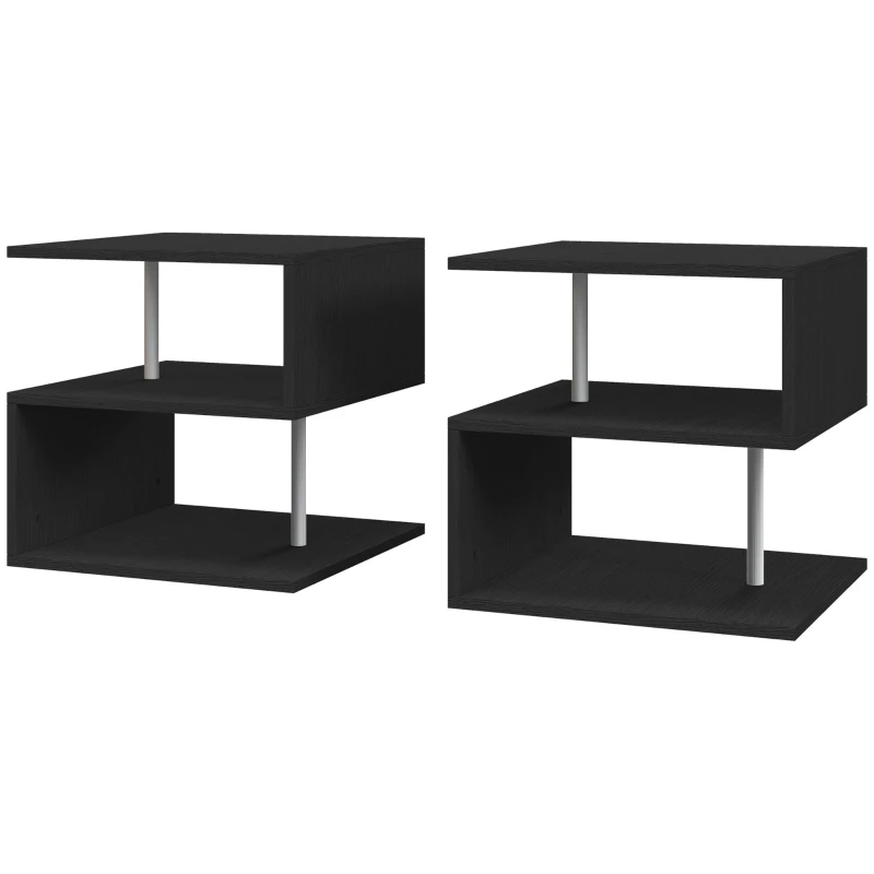 HOMCOM Wooden S Shape Cube Coffee Table 2 Tier Storage Shelves Organiser Office Bookcase Living Room End Desk Stand Display Set of 2 (Black)