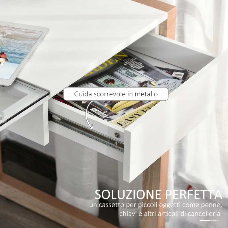 HOMCOM Scrivania Moderna di Design in Legno e Vetro Temperato con Cassetto, Bianca e Color Legno, per Ufficio, 120x60x75cm