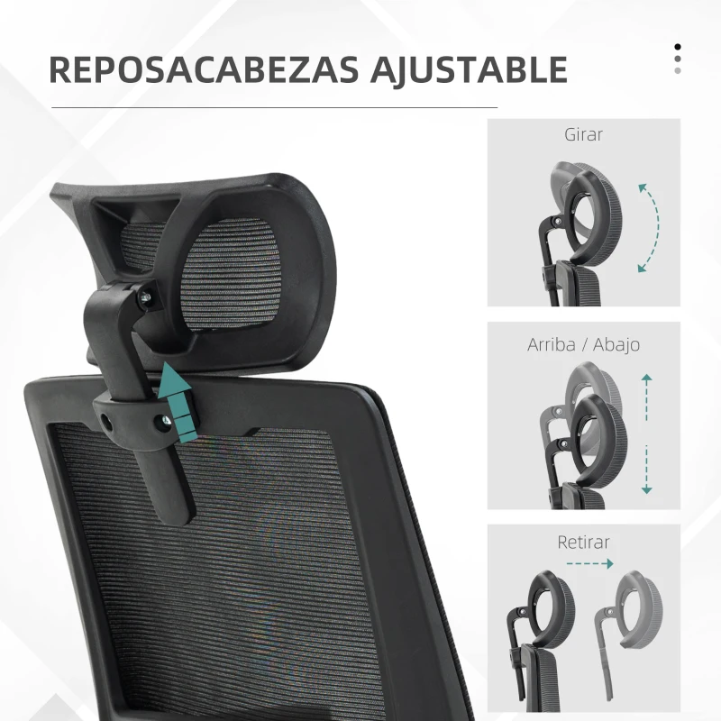 Vinsetto Silla de Oficina de Malla Silla de Escritorio Giratoria Altura y Reposacabezas Ajustable 60x61x104,5-121,5 cm Negro