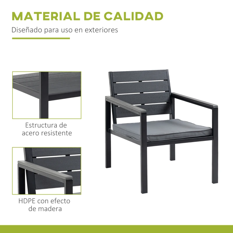 Outsunny Conjunto de Muebles de Jardín 4 Piezas Mesa de Centro Banco de 2 Plazas y 2 Sillas con Cojines Desenfundables y Marco de Metal HDPE para Terraza Exterior 113x65x78 cm Gris
