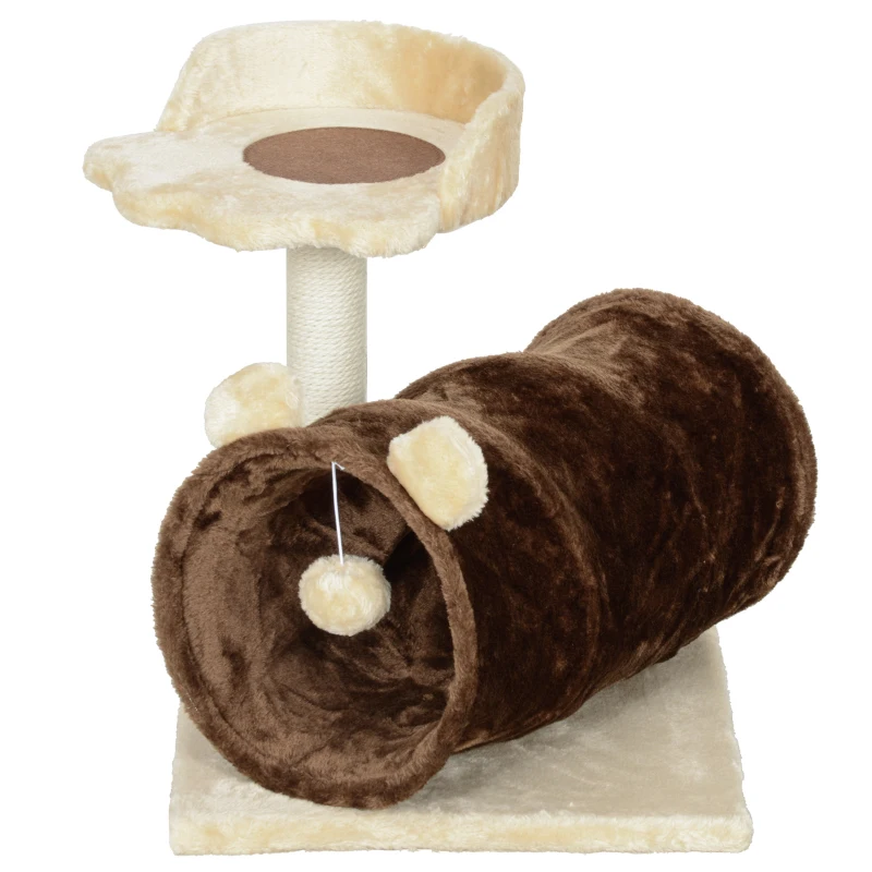 PawHut 47cm Small Cat Tree w/ Scratching Post, Bed, Cat Tunnel, Toy Ball, Dark Brown