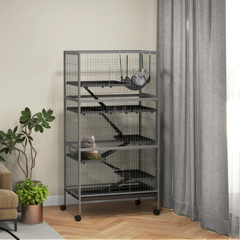 PawHut Cage pour rongeurs multifonction 4 plateformes 3 rampes 4 portes dim. 80L x 52l x 159H cm acier gris argenté noir