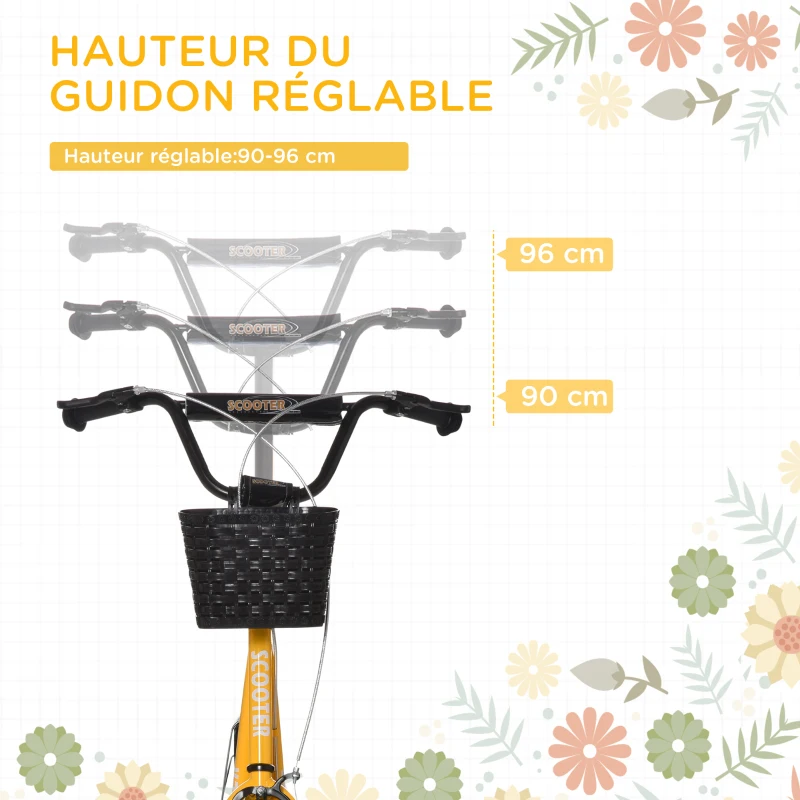HOMCOM Trottinette patinette Enfant Grandes Roues pneumatiques Guidon réglable Frein AV-AR Garde-Boue béquille Panier métal Jaune Noir