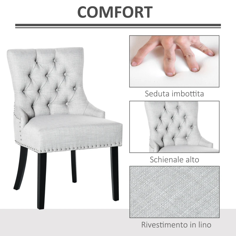 HOMCOM Sedia da Pranzo con Rivestimento in Lino e Gambe in Legno Schienale Alto Trapuntato Anello un Dietro Schienale Grigio Chiaro 56x61x92cm