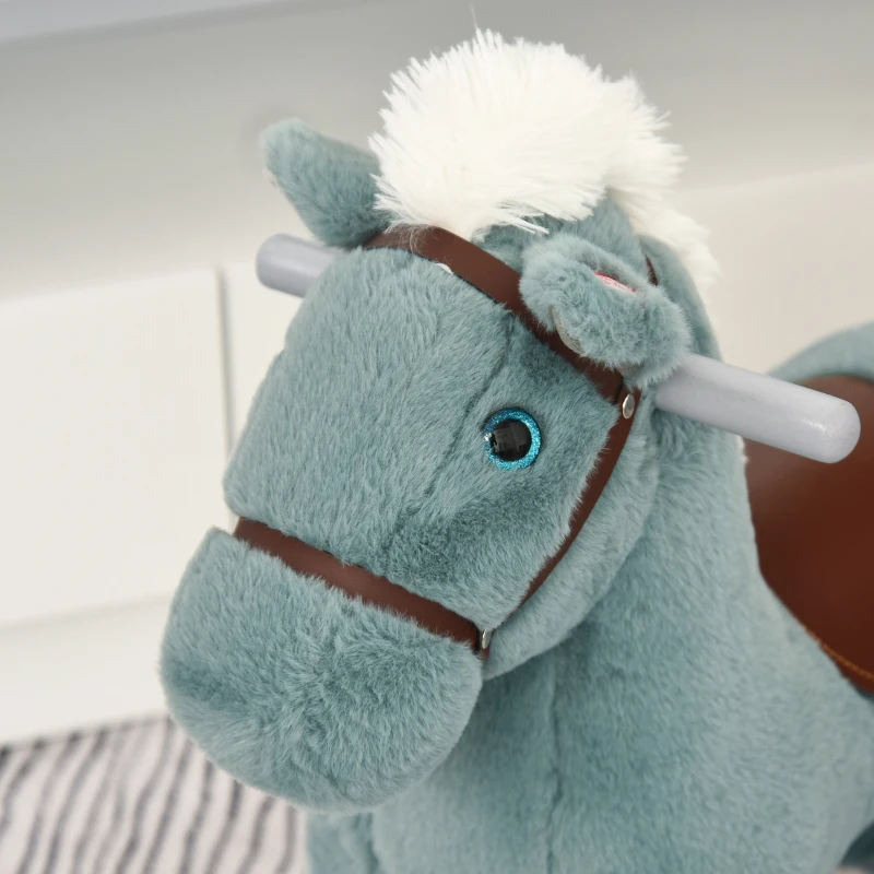 HOMCOM Cavallo a Dondolo per Bambini in Peluche e Legno con Suoni e Orsetto Incluso, per Bimbi da 18-36 Mesi, 65x26x55cm, Blu