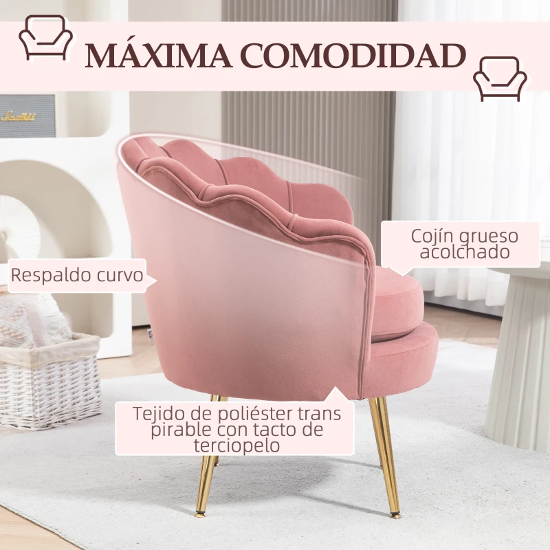 HOMCOM Butaca Tapizada en Terciopelo Butaca de Dormitorio con Respaldo en Forma de Concha y Patas Doradas 76x67x74 cm Rosa