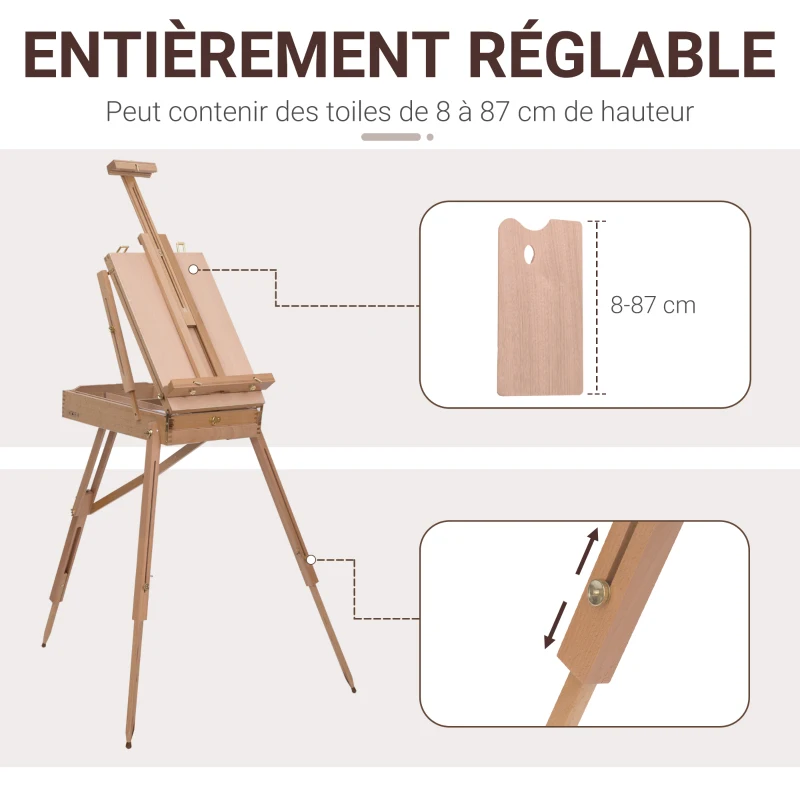 HOMCOM Chevalet d'artiste sur pieds pliable mallette de peinture chevalet avec rangement hauteur réglable  bois de hêtre clair