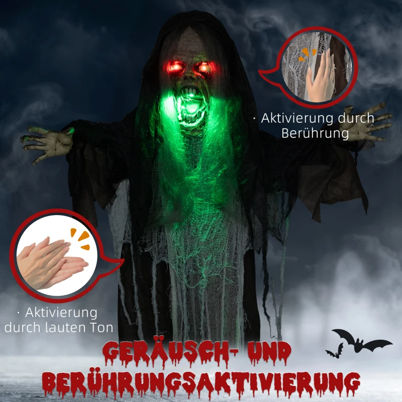 HOMCOM Grünes Monster, Helloweendeko, gruselige Soundeffekte, rote Augen, beweglich, 183 cm(m-6)