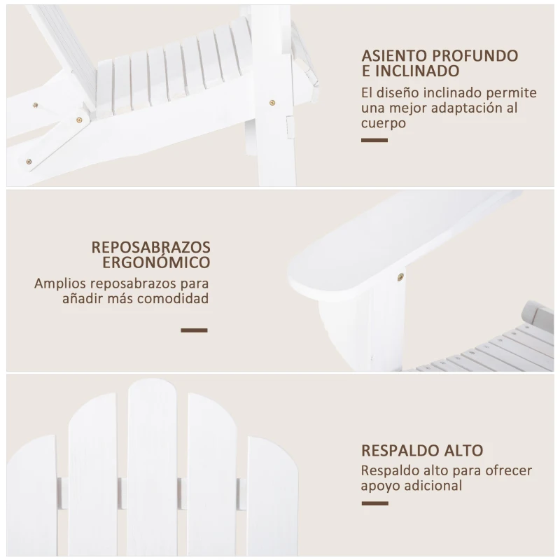 Outsunny Silla Adirondack de Madera Plegable Silla de Jardín con Reposabrazos y Respaldo Alto para Terraza Balcón Exterior Carga Max. 113 kg 73x88x93 cm Blanco