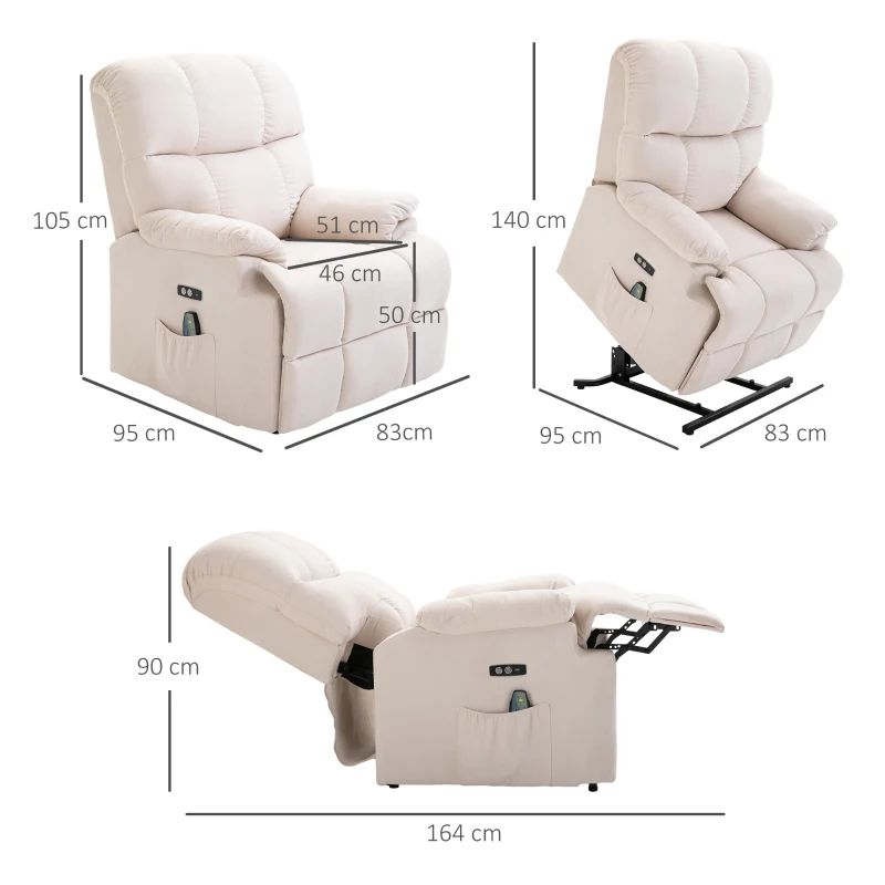 HOMCOM Sessel mit Aufstehhilfe, Massagesessel, Relaxsessel mit USB-Anschluss, Fernsehsessel mit Fernbedienung, Seitentasche, Neigebarer TV-Sessel mit Samtoptik, Beige