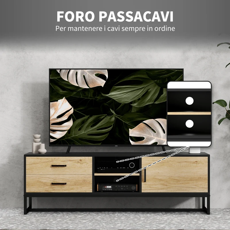 HOMCOM Mobile Porta TV 60" con Armadietto, 2 Cassetti e Ripiani Aperti, 140x35x45 cm, Legno Naturale
