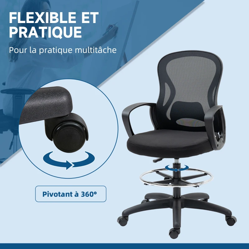Vinsetto Chaise de bureau assise haute fauteuil de bureau en maille hauteur réglable pivotant avec repose-pied noir