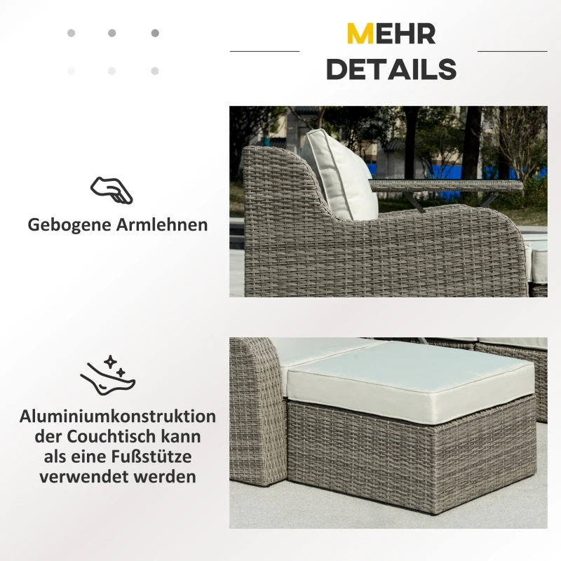 Outsunny Polyrattan Gartenmöbel Set für 3 Personen Gartengarnitur mit Beistelltisch Kissen Aluminium Hellgrau+Beige