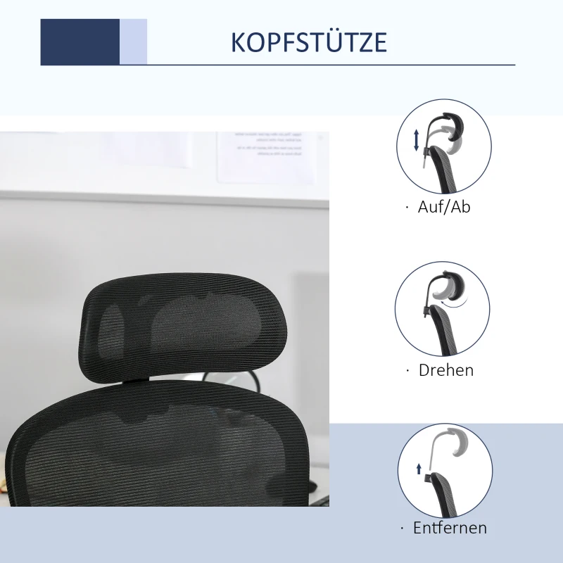 Vinsetto Bürostuhl mit Wippenfunktion Kopflehne Home-Office-Stuhl höhenverstellbarer Schreibtischstuhl ergonomisch 360°-Drehräder Schaumstoff Nylon Schwarz 64 x 64 x 100-109,5 cm