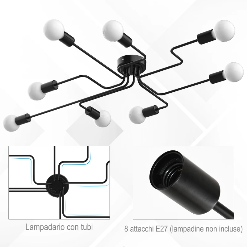 HOMCOM Lampadario a Soffitto Moderno 8 Punti Luce, Illuminazione Design Industriale per Casa e Ufficio, Nero