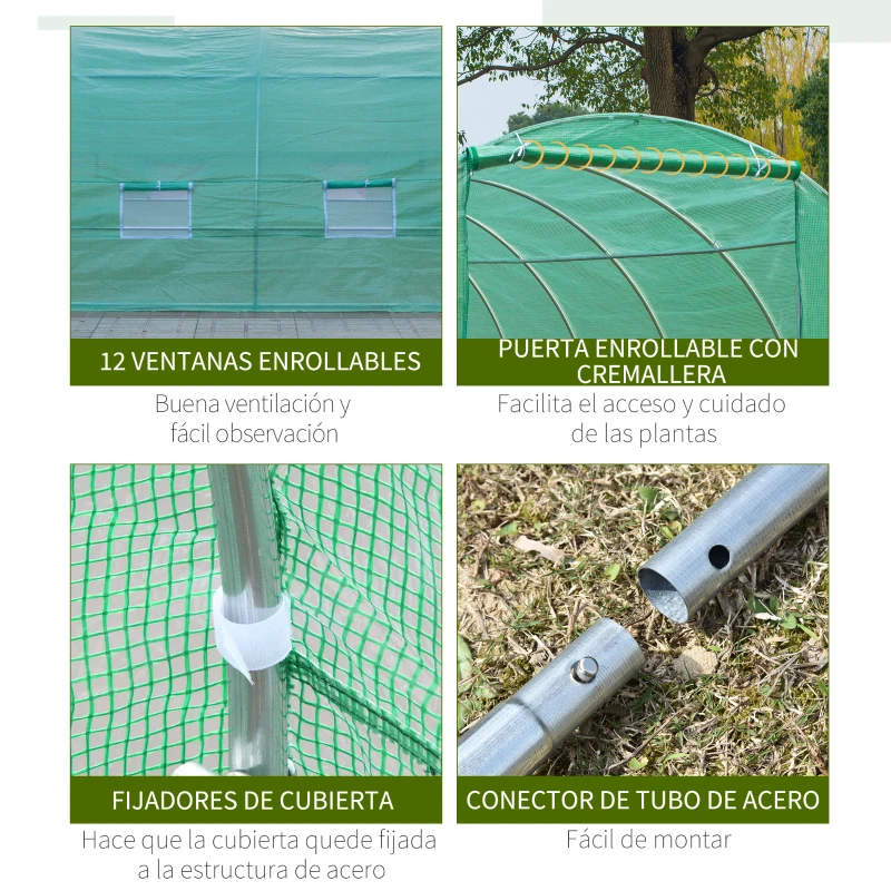 Outsunny Invernadero de Túnel 8x3x2 m Invernadero de Jardín con 12 Ventanas y Puerta Enrollable Acero y PE 140 g/m² Verde
