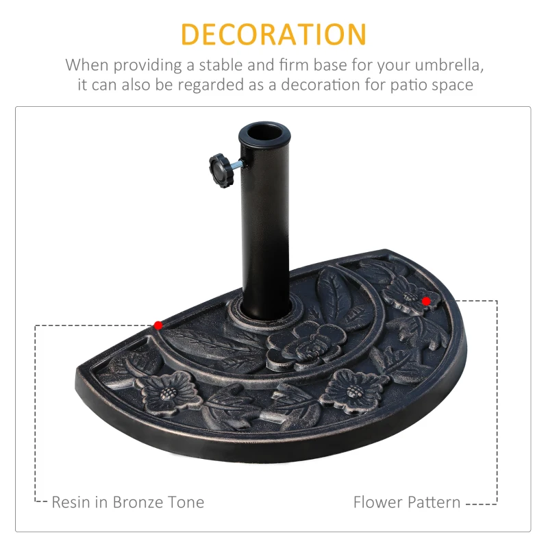 Outsunny 9kg Resin Parasol Base, Half Round Umbrella Stand with Floral Design for Garden, Outdoor, Suitable Umbrella Rod: Φ3.8cm, Φ4.8cm, Bronze Tone