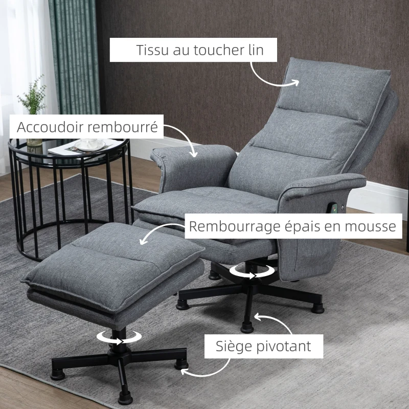 HOMCOM Fauteuil massant électrique relaxant avec repose-pieds et télécommande tissu imitation lin 78 x 93 x 99 cm gris