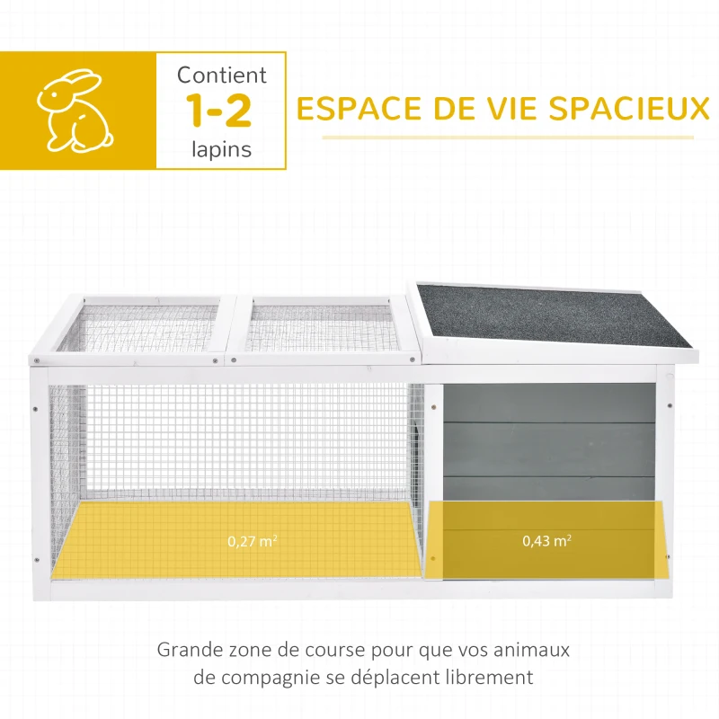 PawHut Clapier cage à lapins imperméable grand espace en bois massif gris 115x66x47,5 cm