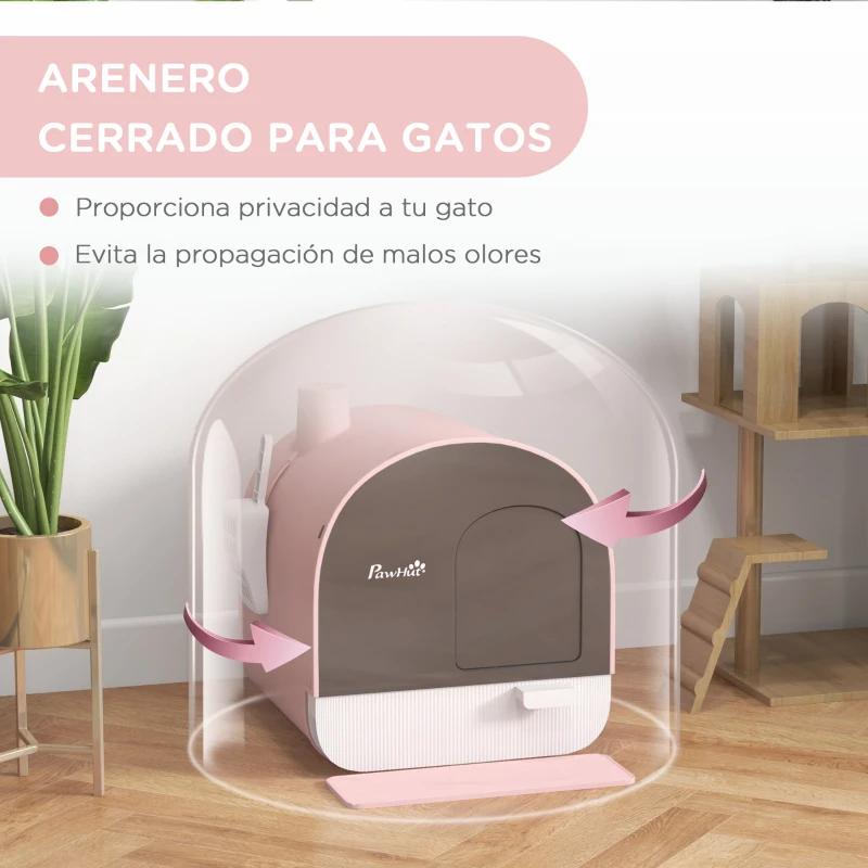 PawHut Arenero para Gatos Caja de Arena Cerrada para Gatos con Bandeja Extraíble Pala y Filtro 43x44x47 cm Rosa