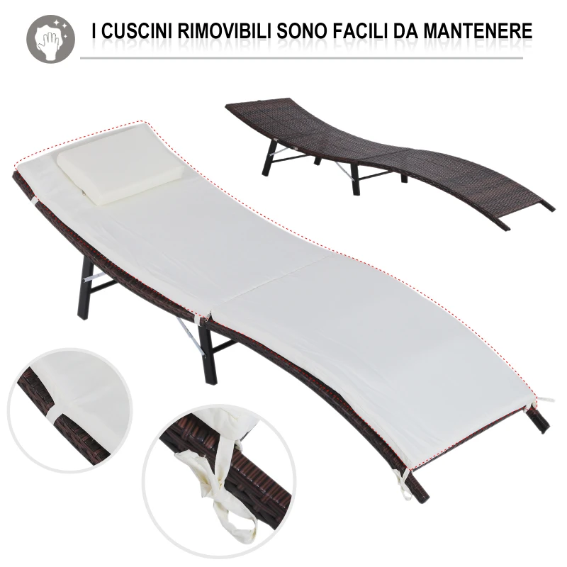 Outsunny Lettini Prendisole Richiudibili con Cuscini Rimovibili e Tavolino Pieghevole, Set 3 Pz in Rattan, Crema