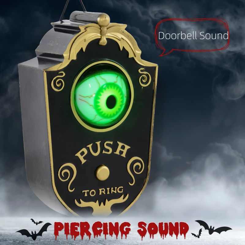 HOMCOM Halloweendeko, Türglocke mit Horror-Auge, Geräusch- & Touchsensor, beweglich, grünes Licht(m-4)
