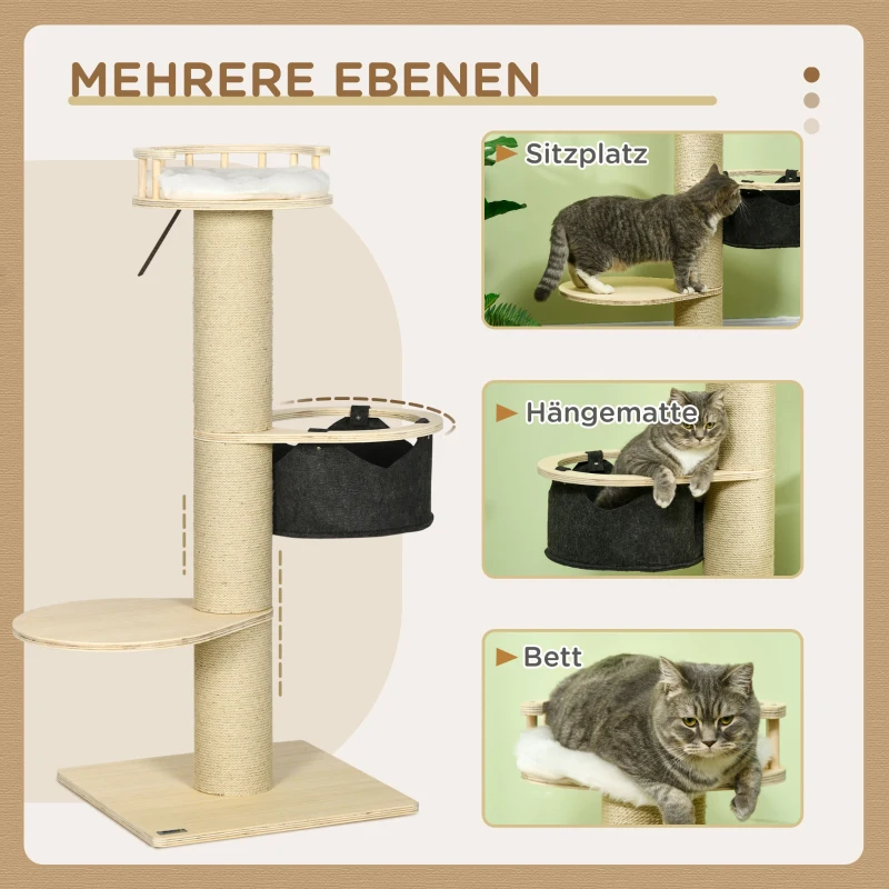 PawHut Kratzbaum, mit Liegeplattform, Sitzplattform, Hängematte, Liegekissen, 50 x 50 x 114 cm