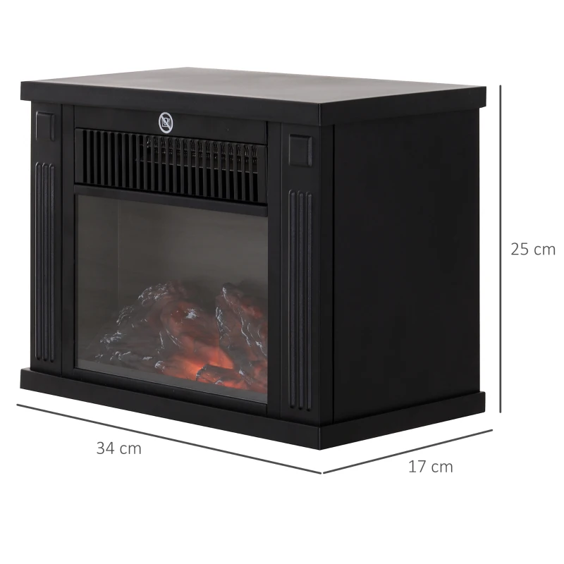 HOMCOM Chimenea Eléctrica 600/1200W Chimenea Decorativa de Mesa Chimenea Portátil con Efecto Llama Realista Protección Contra Sobrecalentamiento para 10-15 m² 34x17x25 cm Negro