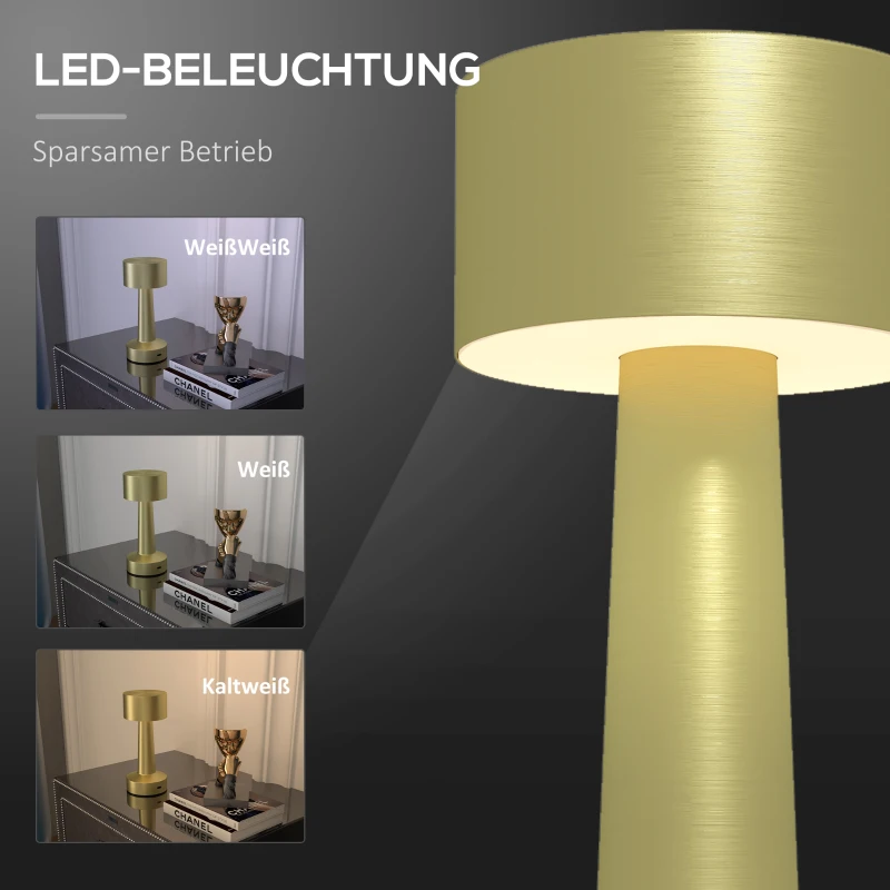 HOMCOM Tischleuchte, kabellos, wiederaufladbar, Touch-Steuerung, LED-Licht, Metallkörper, Farbe: Gold