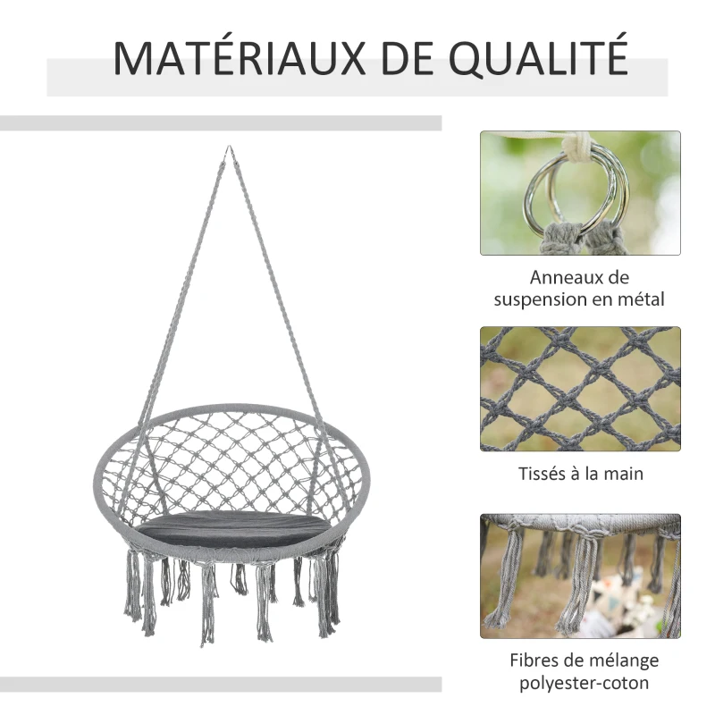 Outsunny Chaise suspendue Fauteuil suspendu intérieur extérieur chaise hamac de voyage portable Ø 80 x 42H m coussin macramé coton polyester gris