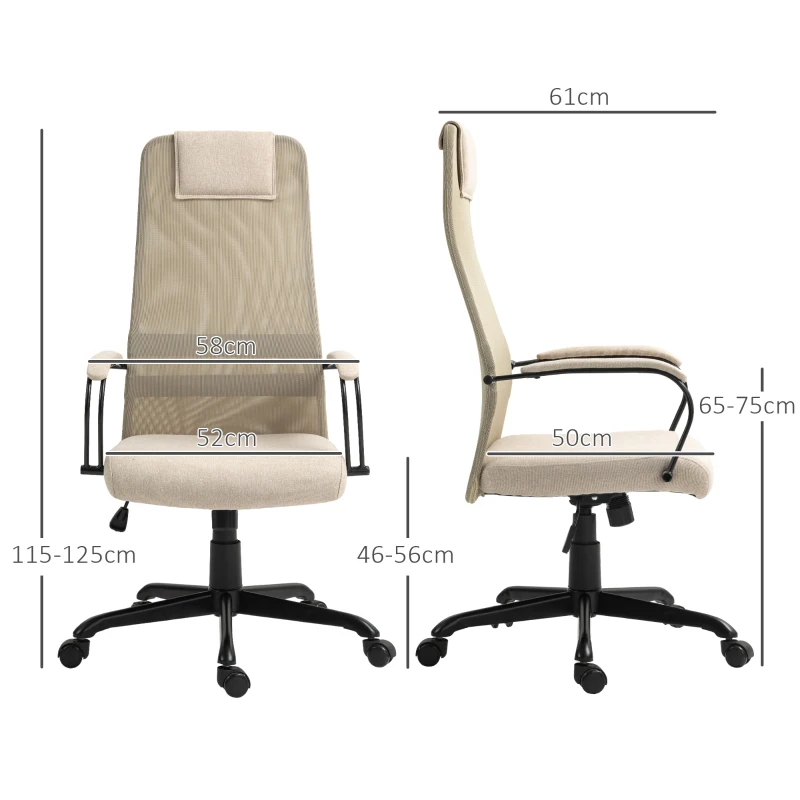 HOMCOM Sedia da Ufficio Ergonomica Girevole con Reclinazione, Altezza Regolabile e Ruote, 58x61x115-125cm, Beige