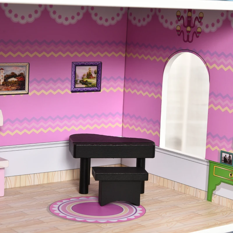HOMCOM Casa de Muñecas de Madera de 3 Pisos con Patio 86x30x87 cm Muebles Accesorios de 13 Piezas Diseño Lindo Casita Muñecas de Juguete Madera Rosa