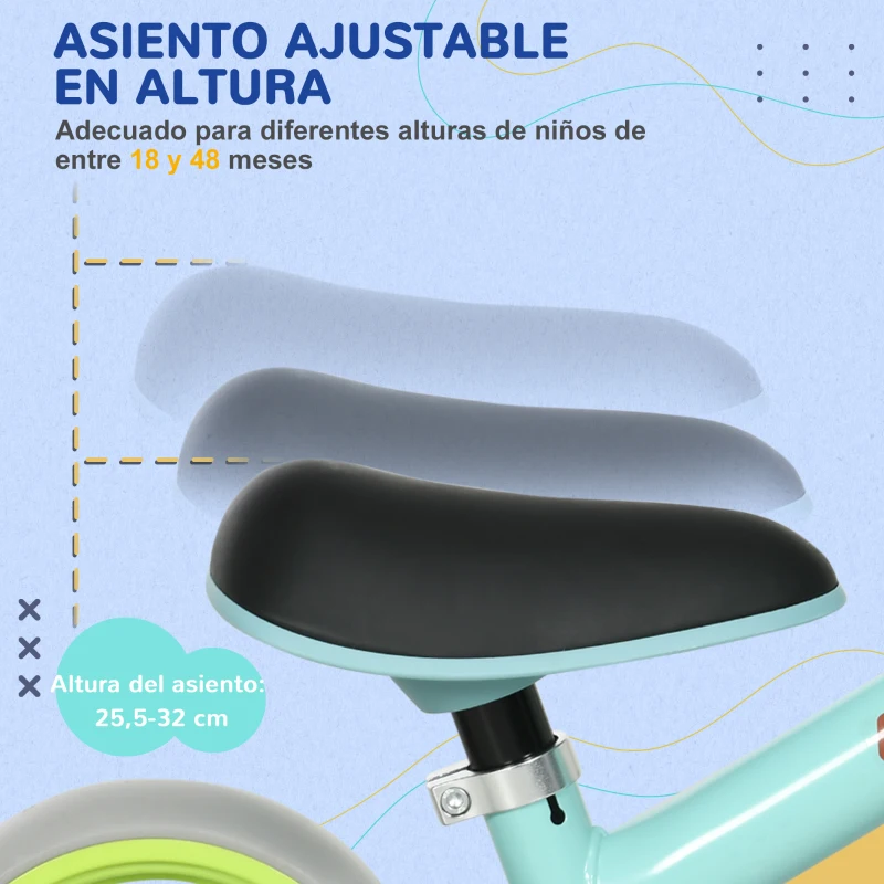 AIYAPLAY Bicicleta de Equilibrio para Niños de 18-48 Meses con Asiento Ajustable en Altura 66,5x34x47 cm Verde y Turquesa