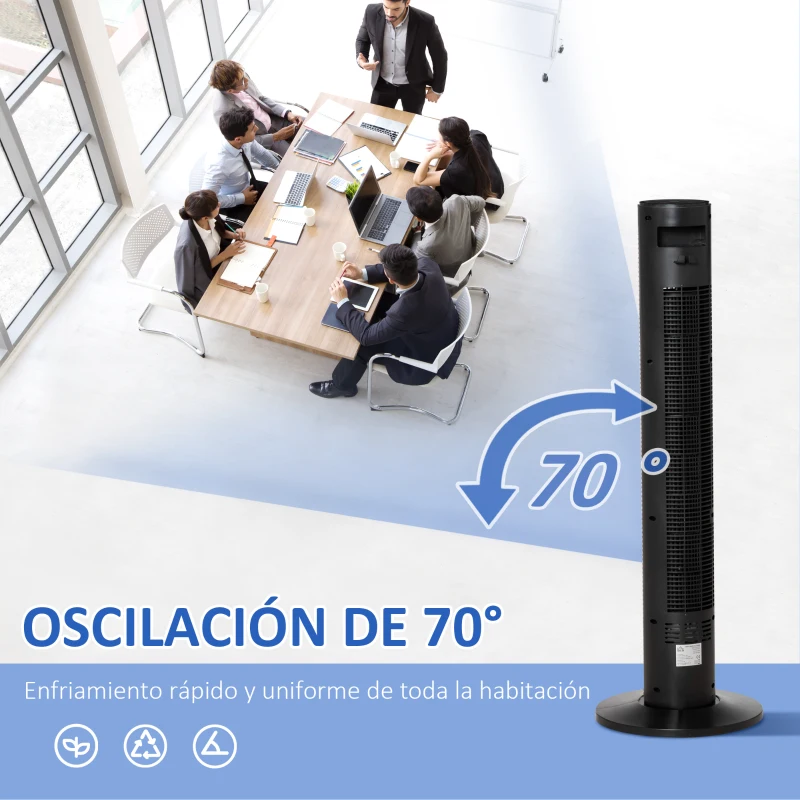 HOMCOM Ventilador de Torre Silencioso Bajo Consumo 96 cm 45W con Mando a Distancia 3 Velocidades 4 Modos Oscilación de 70° Pantalla LED Táctil Temporizador 12h y Asa de Transporte Negro