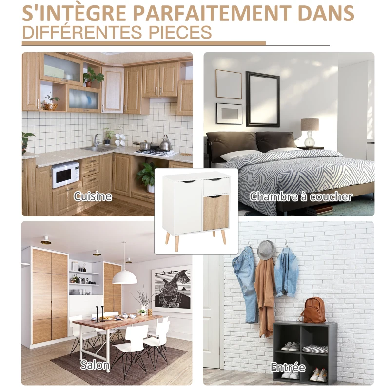 HOMCOM Buffet Meuble de Rangement Design scandinave 2 placards tiroir Coulissant Bois Blanc chêne Clair