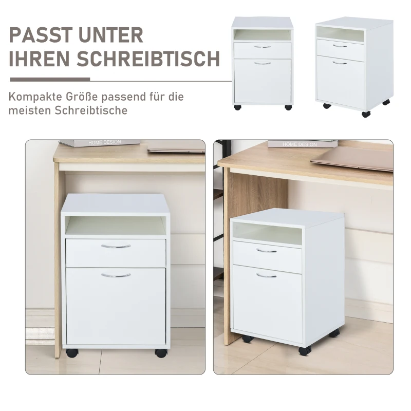 HOMCOM Rollcontainer, Aktenschrank, Bürocontainer mit Schublade, Büroschrank, Aufbewahrung Container, Spanplatte, Weiß, 40 x 35 x 60 cm