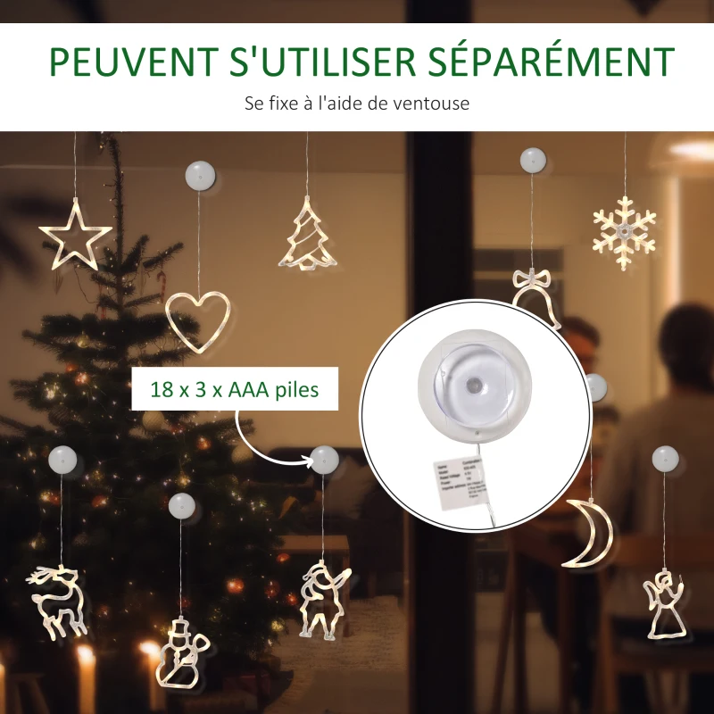 HOMCOM 18 pièces décorations de fenêtre de Noël LED guirlande lumineuse de fenêtre avec ventouses flocons de neige blanc chaud