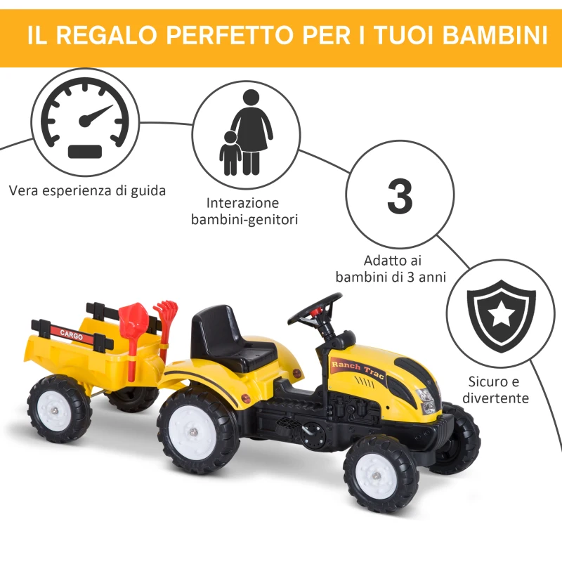 HOMCOM Trattore a Pedali con Rimorchio per Bambini, Giallo e Nero, 123x42x51cm