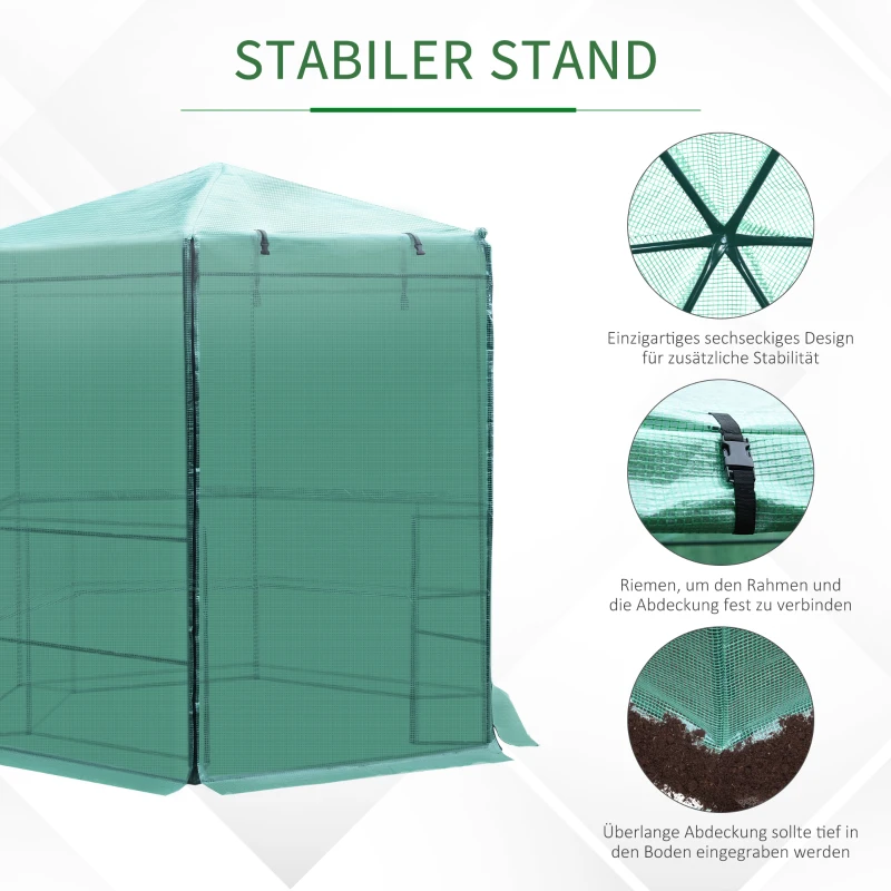 Outsunny Gewächshaus Treibhaus mit Regalböden, Reißverschluss Tomatenhaus Pflanzenhaus Frühbeet, Metallrahmen, 228 x 196 x 215 cm, Grün