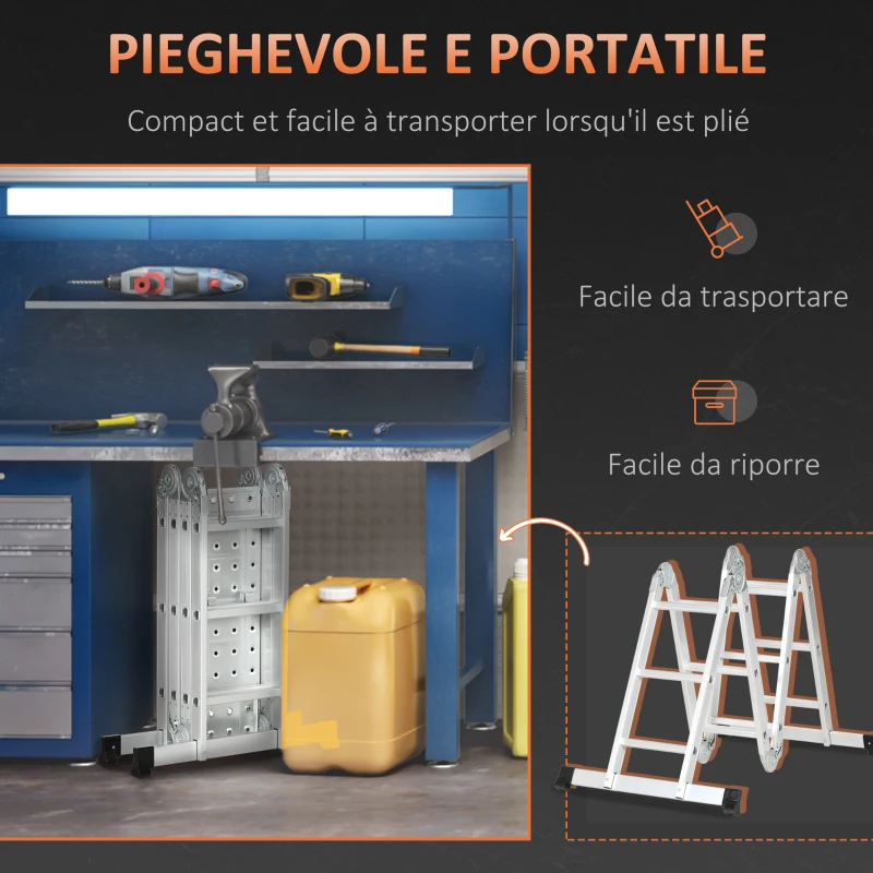 DURHAND Scala Telescopica a 5 Posizioni con 2 Piattaforme di Sicurezza, in Alluminio, PP e TPR, 339x76x10 cm, Argento