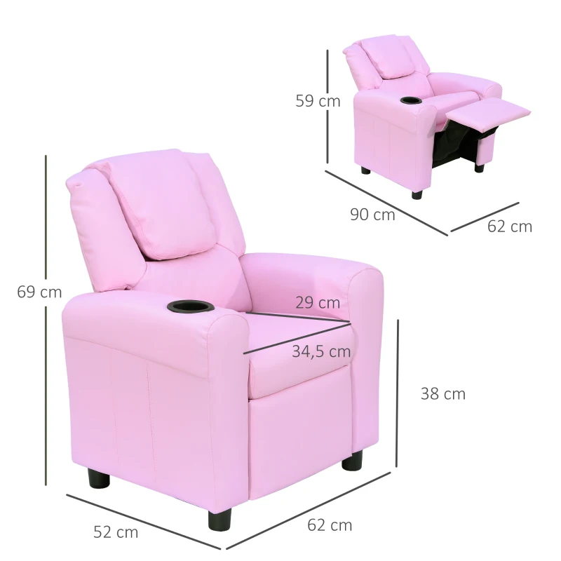 HOMCOM Kindersofa Kindersessel mit Fußstütze Armlehne Getränkehaltern verstellbare Rückenlehne Liegecouch Kindercouch Relaxsessel Kinder Sofa für 3-6 Jahre Jungen Mädchen Rosa